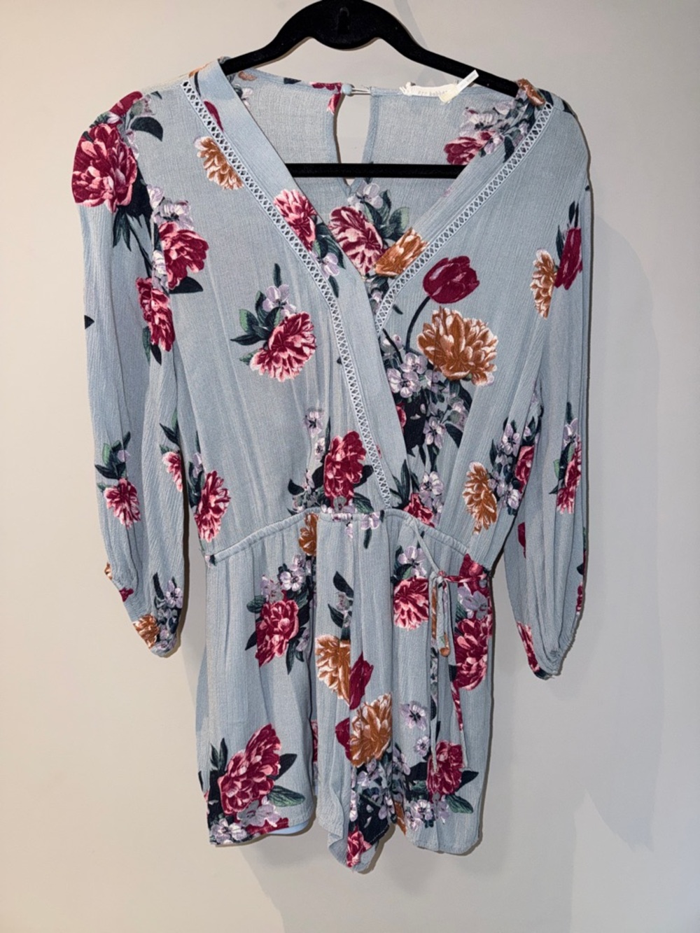 Blu Pepper Light Blue Floral Romper with Pink & Gold Accents